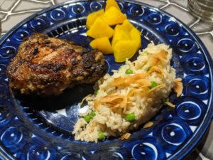 Jerk chicken with rice and squash