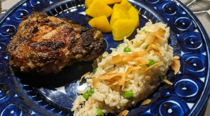 Jerk chicken with rice and squash
