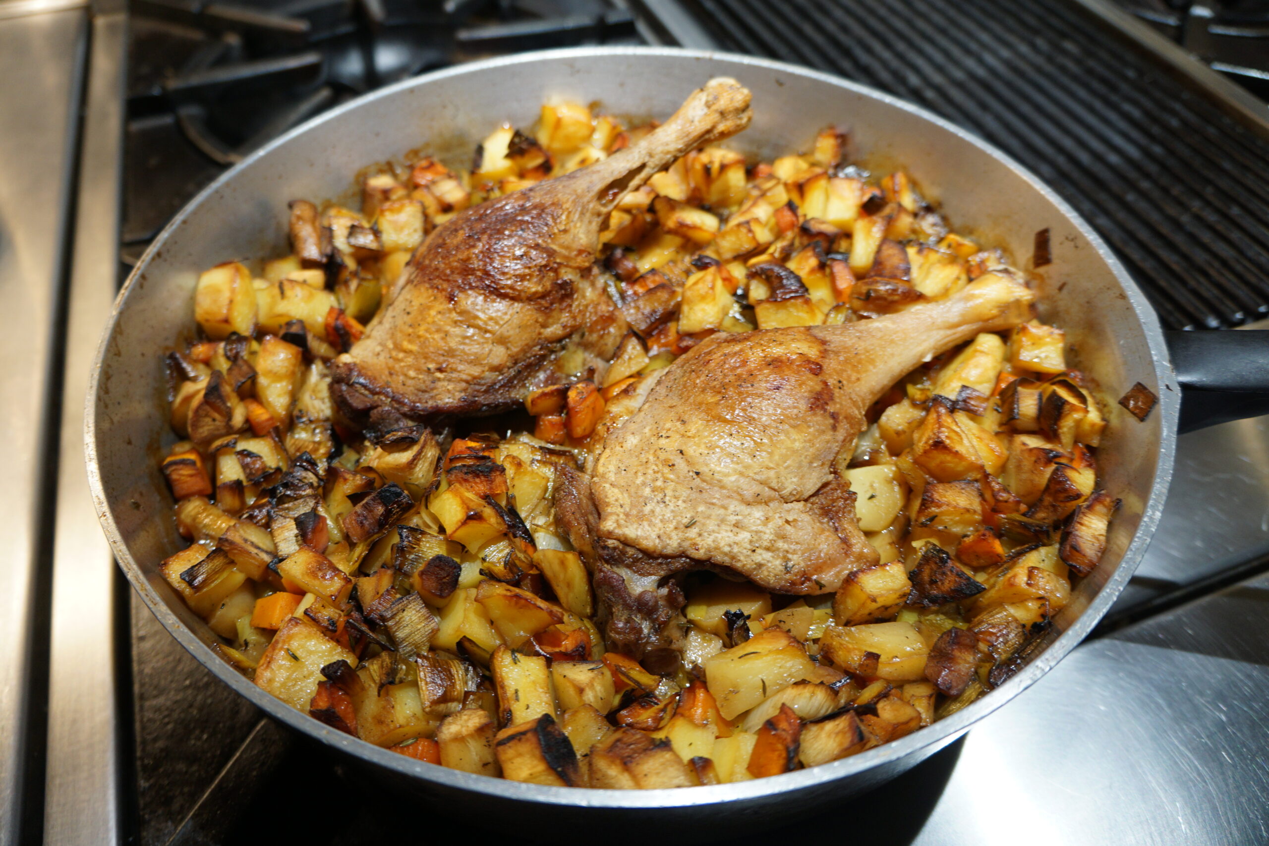 Crisp-Braised Duck Legs with Aromatic Vegetables